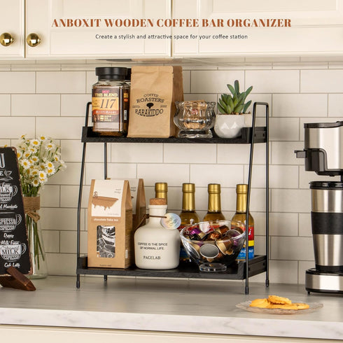 2-Tier Counter ANBOXIT Coffee Station Organizer, Wooden Kitchen Shelf - Black