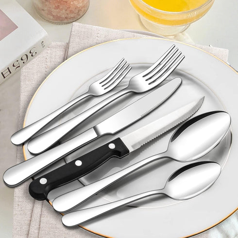 ENLOY 24 Pieces Silverware Set, Stainless Steel Flatware Cutlery with Steak Knives, Service for 4, Mirror Polished and