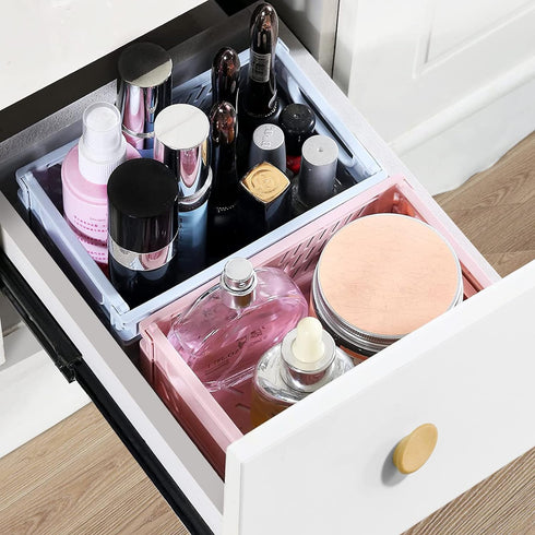 Plastic Storage Baskets for Desk Organizing, 2 Medium + 2 Small Durable Folding Crates for Home and Office