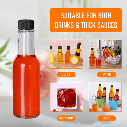 35 Pack 5 oz Woozy EkkoVla Clear Glass Hot Sauce Bottle with Black Caps and Orifice Reducers, Clear Bottles Empty Wine