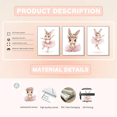 Set 3, 12x16 Baby Girl Nursery Wall Decor, Easter Nursery Canvas Wall Art Paintings of Cute Animal Pink Bunny Posters