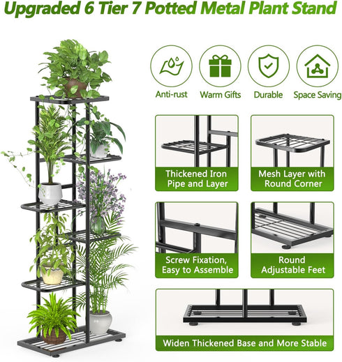 Facofaco 6 7 Tier Potted Metal Plant Stand Indoor with Gardening Tools and Gloves, Corner Tall Tiered Plant Shelf