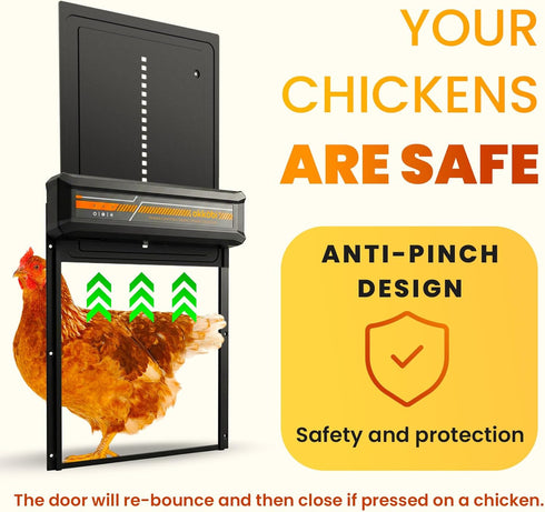 Anti-Pinch, 5-Year Wireless Automatic Chicken Coop Door Solar Powered LCD Display, Timer & Light Sensor All-Weather