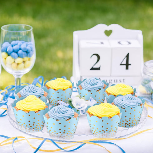 Zhehao 60 Pcs Gold Polka Dots Cupcake Wrappers, Adjustable Paper Baking Cups, Disposable Muffin Liners, Light Blue