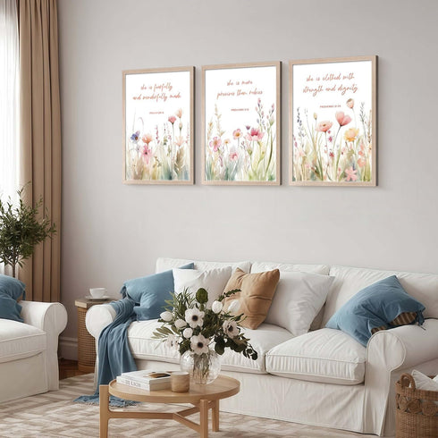 3Pcs 12x16in Christian Floral Scripture Canvas Wall Art, Wildflower Bible Verse Posters Wall Decor, Psalm Religious