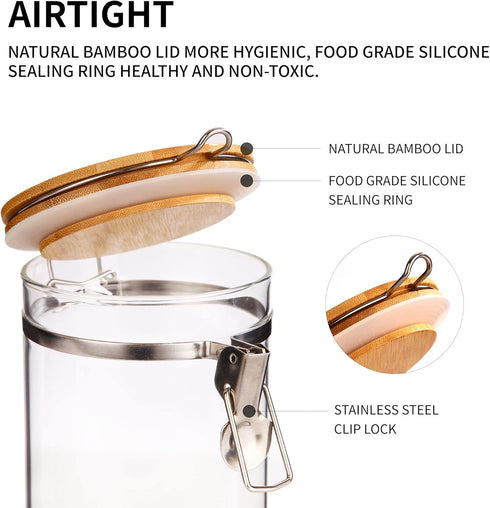 Glass Coffee Storage Container with Bamboo Shelf, 2PCS 49oz Airtight Sealed Jar with Clamp Lid & Spoon