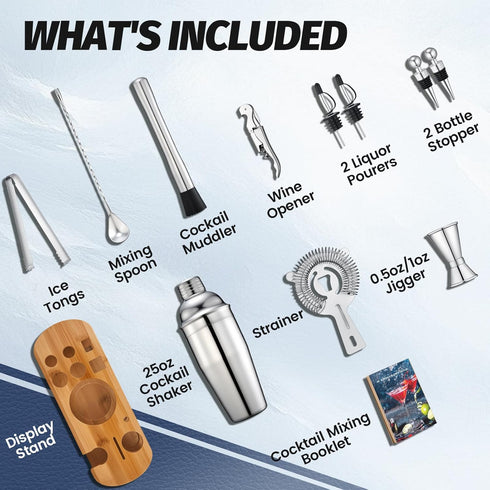 Set 13-Pcs Set 25oz Cocktail Shaker Bartender Kit: Bar Tools with Bamboo Stand, Essential Bar Accessories for Home: