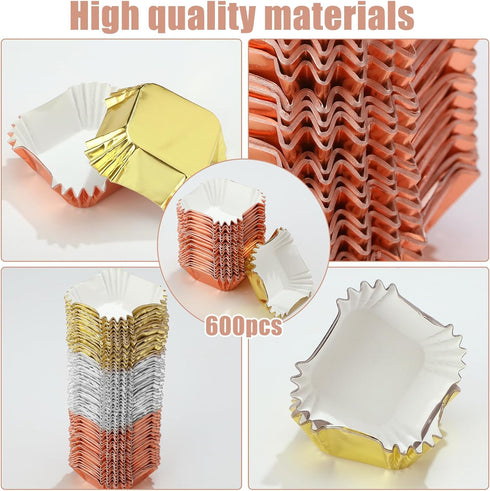 Layhit 600 Pcs Square Mini Foil Cupcake Liners Disposable Brownie Square Baking Cups Foil Muffin Liners Cupcake Papers Party Supplies for Weddings Birthdays Baby Showers (Bright Color)