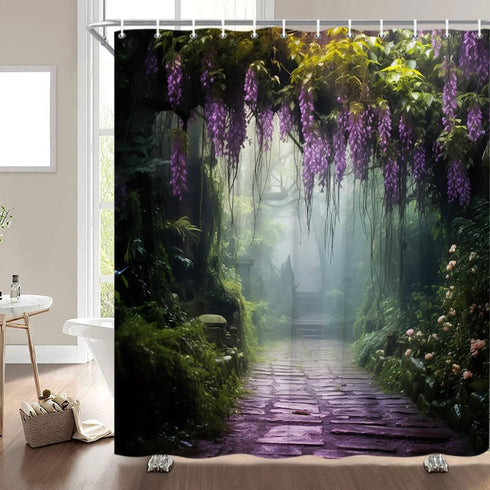 Misty Forest Shower Curtain Purple Floral Foggy Jungle Fantasy Spring Garden Green Plants Nature Landscape Bathroom Decor Curtains Polyester with Hooks