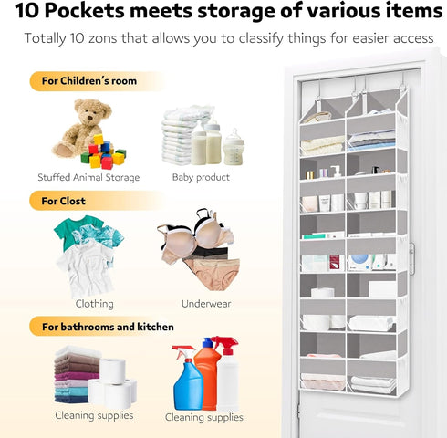Over The Door Organizer, 5 Tiers with 10 Compartments, 50 lbs Capacity for Closet, Diaper Organizer, Light Gray