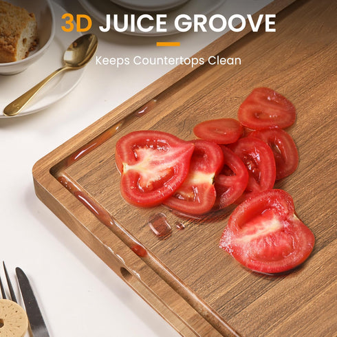 BETOLEAN 17x12 Inch Acacia Wood Cutting Boards for Kitchen, Butcher Block with Deep Juice Grooves & Non-Slip Handle