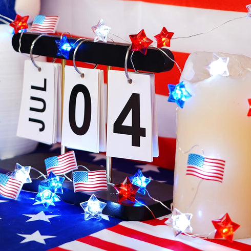 Libreath 4th 13FT 40LED of July Decorations Red White and Blue Star American Flag Lights Fairy String Lights Battery