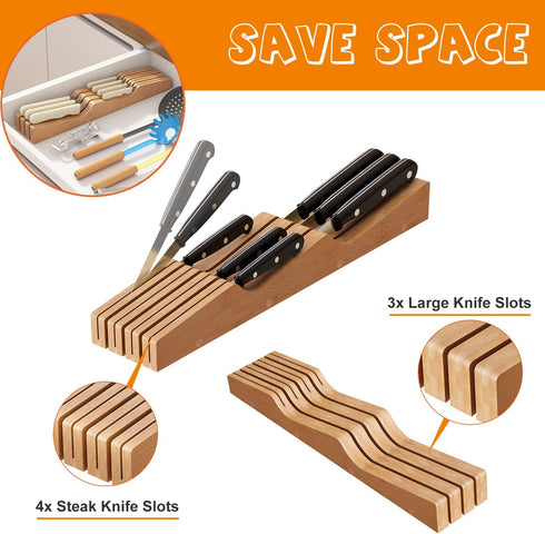 In-Drawer Knife Block Organizer, Bamboo Wood Drawer Knife Organizer Holds Up To 7 Knives