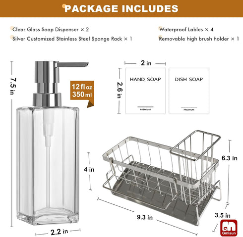 12 oz/350ml Set GMISUN Kitchen Soap Dispenser, Fl Clear Dish Soap Dispenser with Silver Sponge Holder, Customized Glass