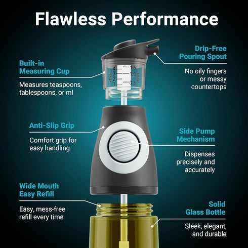Set 2 Oil and Vinegar Dispenser - Glass Olive Oil Cruet Bottles with Measuring Cup - Non-Drip Kitchen Dispenser