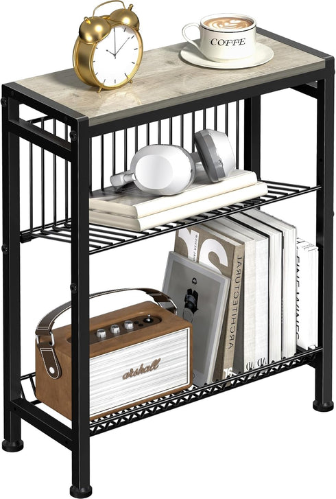 Narrow Side Table for Small Space, 3-Tier End Table with Magazine Holder,
