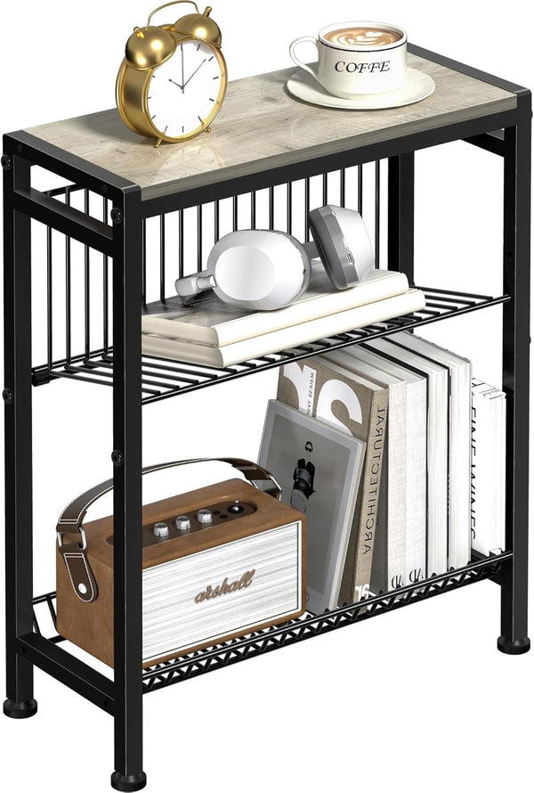 Narrow Side Table for Small Space, 3-Tier End Table with Magazine Holder,