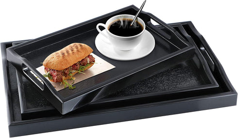 MDLUU Set of 3 Plastic Serving Tray - Black Ottoman Tray with Cutout Handles, Rectangle Butler Tray for Breakfast