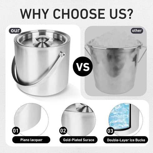 DRAMNYO 3L DREAMYO Double Wall Insulated Stainless Steel Ice Bucket with Scoop for Cocktail Bar,Metal Ice Bucket
