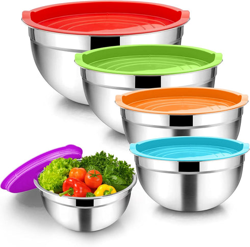 TeamFar Mixing Bowls, 4.5/3/1.5/1/0.7 QT Stainless Steel Nesting Salad Bowl Set of 5, Ideal for Prepping and Serving