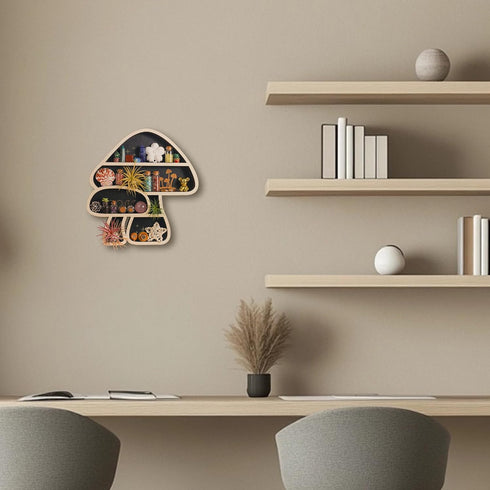 Cute Mushroom Decor, Wooden Floating Mushroom Shelf for Wall, Crystal Display Shelf Rock Gem Stone Display Shelf Wall