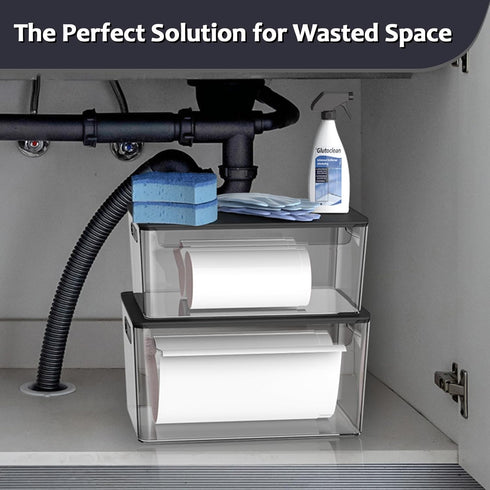 2 Pack COAZEX Trash Bag Holder Under Sink Stackable, Plastic Garbage Bag Dispenser with Lid, Trash Bag Storage