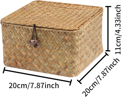 Wicker Shelf Baskets with Lid, Handwoven Seagrass Storage Basket Bins for Home Decor Organizer (Natural, Small)