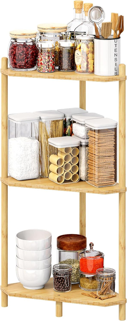 Wisuce Essentials 3 (Natural3 Corner Shelf Stand - Tier Bamboo Small Corner Bookshelf for Office Kitchen Bedroom Plant