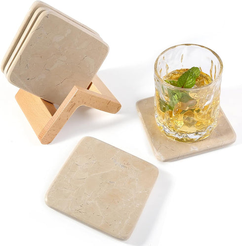 Koville Marble Coasters Set of 5, Square Coasters with Holder for Drinks,