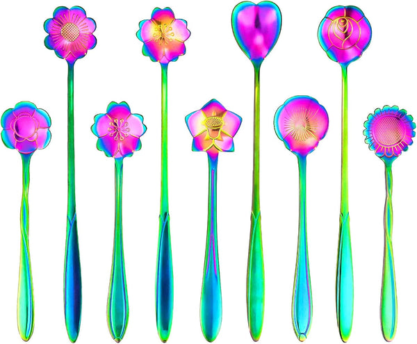 9 PCS Rainbow Flower Spoon Set, LEEFONE 2 Different Size Stainless Steel Reusable Teaspoons for Coffee Sugar Dessert