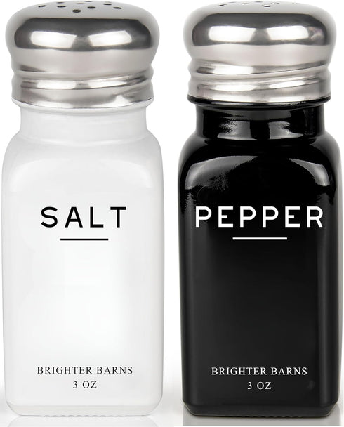 Brighter Barns Farmhouse Salt and Pepper Shakers Set, Rustic Vintage Glass Shakers with Stainless Steel Lids for Kitchen