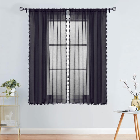 Treatmentex Black Pom Pom Sheer Curtains for Bedroom, 63" Linen Texture Decorative Voile Panels (2 Pack)