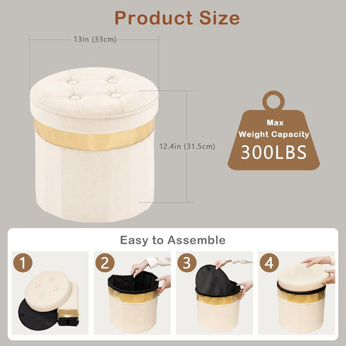 Room13x13x12.4(Beige,1pcs) xuperbonus Small Ottoman with Storage,Folding Round Ottoman with Gold Trim,Velvet Storage
