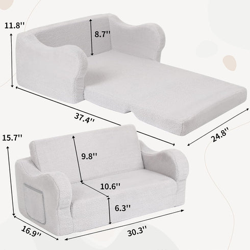2-in-1 Extra Wide Toddler Chair, Toddler Couch Fold Out, Convertible Sherpa Sofa to Lounger for Boys & Girls, Grey