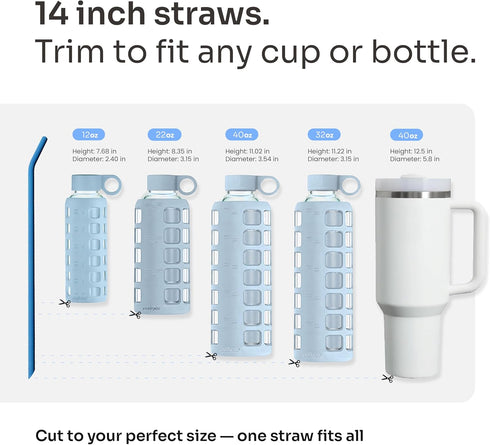 purifyou Extra Long 14.5" Reusable Silicone Straws, Flexible Tips, Cleaning Brush, Portable Case - Set of 4