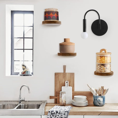 3-Pack 6'' AceList Round Floating Shelves for Wall Decor, Diameter Acacia Wood Floating Shelf, Cup Plant Wall Shelves