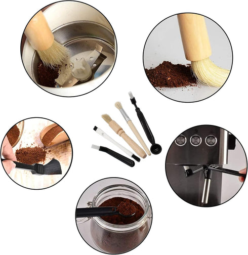 Coffee Grinder Cleaning Brush Kit, Wood Handle & Natural Bristles Espresso Machine Brush Set with Spoon (Pack of 5)
