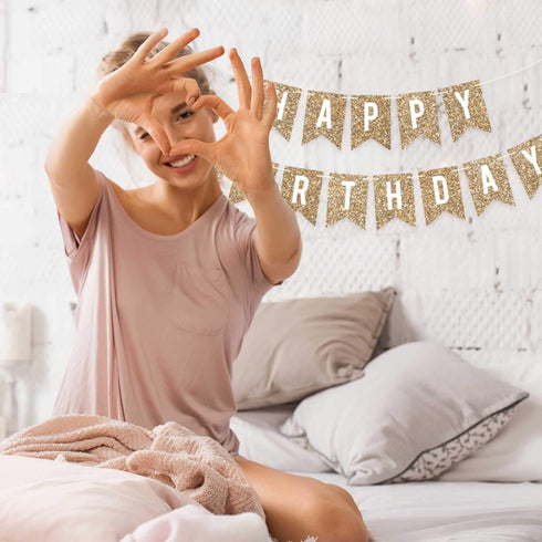 Pre-strung Happy Birthday Banner, Gold Glitter Birthday Party Banner, No DIY, 6 ft Strands