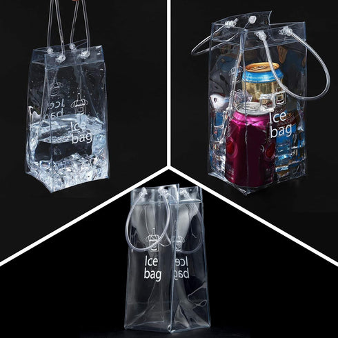 3 Pack Portable Ice Wine Bag, Collapsible Clear PVC Pouch Wine Cooler Bag, Wine Cold Bag with Handle