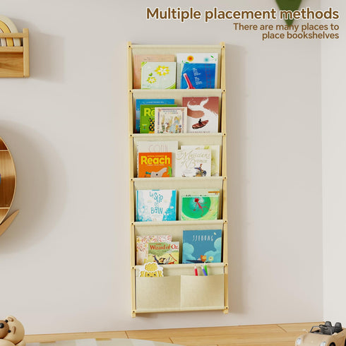 BPMFDTNL 6-Tier Wood Wall Mounted Kids Bookshelf Floating Book Shelf For Kids Rooms,Nursery & Classroom, Hanging