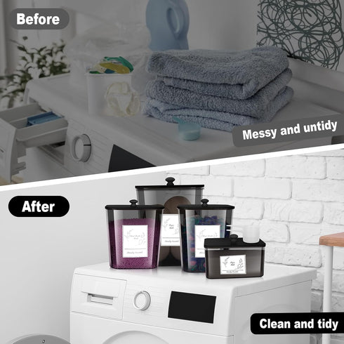 4 Pack Zingbee Laundry Detergent Containers & Dryer Sheet Holder with Black Lids, Scoops & Labels - Plastic Laundry