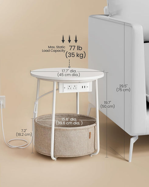 ULET228W01 VASAGLE LILEA Collection - Side Table with Charging Station, Round End Table with Fabric Basket, Nightstand