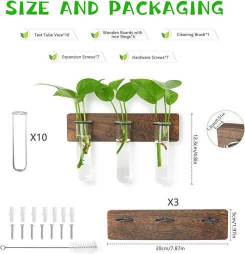 3 3 XXXFLOWER Wall Mounted Plant Terrarium with Wooden Stand PCS Hanging Planter Propagation Station with Glass Tubes
