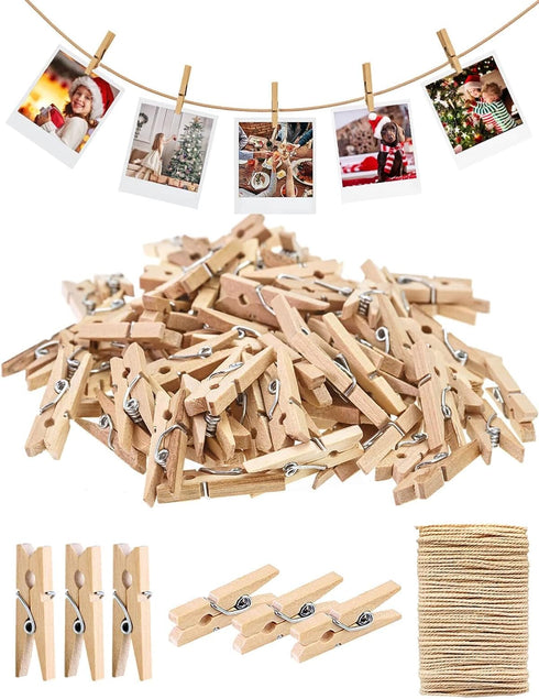 Sturdy Mini Clothes Pins, 150 Pcs 1 Inch Natural Wooden Clothespins with 33 FT Jute Twine for Crafts Display