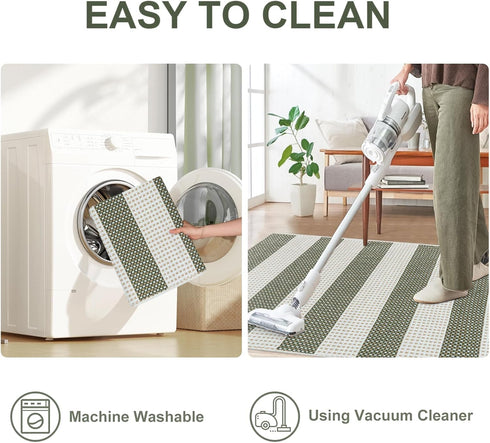 OJIA Front Door Mat, 24"x35" Green Striped Checkered Rug, Washable Indoor Outdoor Rug for Kitchen Entryway Patio
