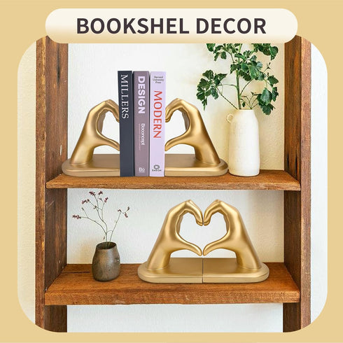 Kityemo Gold Decorative Bookends for Shelves, Heart Hands Book Ends Sculpture Aesthetic Decor for Bedroom Living Room