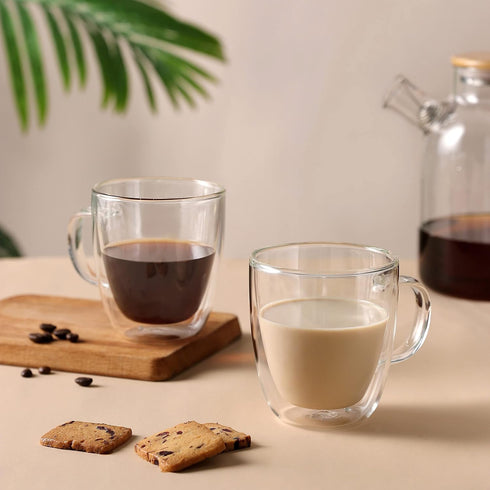 12oz,Double Handle,Set 4 CNGLASS Large Glass Coffee Mugs Walled Insulated Cappuccino Mug