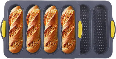 4-Cavity Silicone Bread Loaf Pan, Nonstick Sourdough & Heat Resistant Baguette Bread Pan, Silicone Molds for Baking