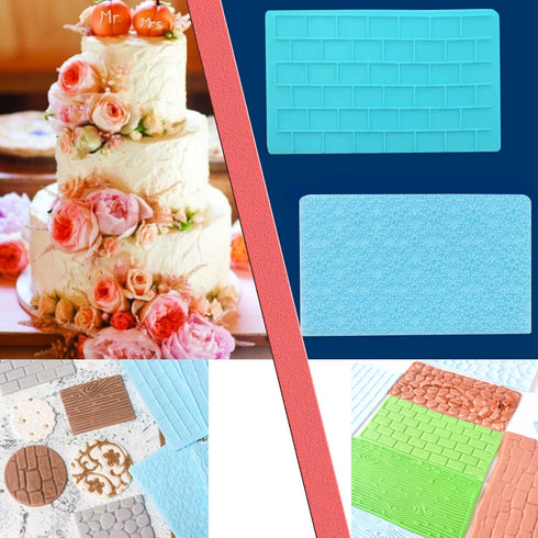 6 Pack Fondant Impression Mat Set, Cake Decor Mold Set for Embossed Tree Bark/Flower/Cobblestone Design