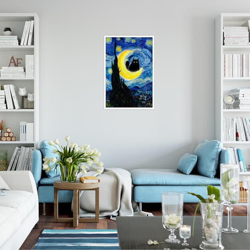 TYOHU Funny Starry Night Cat Canvas Wall Art, 24x36in Unframed Black Cat Poster Colorful Abstract Farmhouse Decor